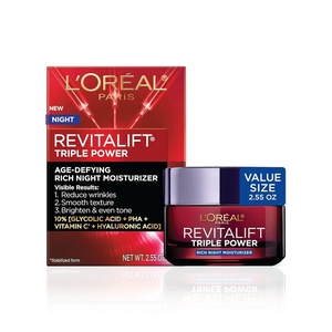 L’Oreal Paris Revitalift Triple Power Rich Night Cream, Anti Aging Moisturizer With Glycolic Acid, Vitamin C & Hyaluronic Acid, Visibly Smooths Texture, Reduces Fine Lines & Evens Skin Tone, 2.55 oz